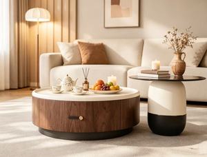 Modern <b>Round</b> Coffee <b>Table</b> Set Wood and Glass Top Minimalist Design Living Room Furniture with Storage <b>White</b> Black Finish - Product Image 2