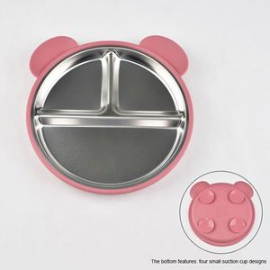 Assiette d'alimentation pour bébé en acier inoxydable 304, silicone, ronde, trois compartiments, sans BPA, résistante au micro-ondes, isolation thermique, antidérapante - Product Image 5