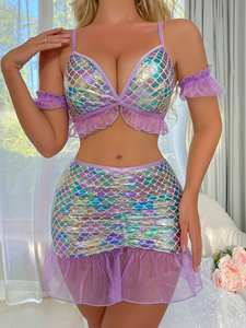 Conjunto de sujetador Sexy con patrón de sirena colorido, Falda corta Sexy, conjunto de ropa interior divertida y extraña para Halloween para mujer - Product Image 5
