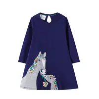 Wholesale Stock Organic Cotton Kids Grey pony embroidery Little Baby Girls dress