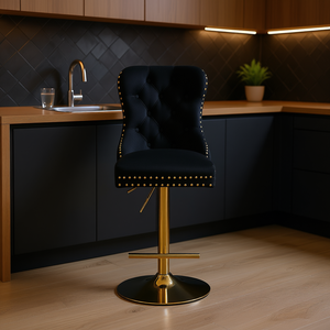 Tabouret de bar capitonné réglable en hauteur (27-35 pouces), en velours, moderne, pivotant, pour la maison, avec base en métal doré - Product Image 2