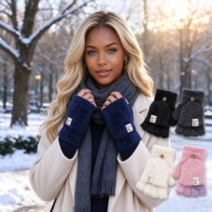 Gants sans doigts en fausse fourrure pour femmes, mitaines convertibles, gants mi-doigts chauds et moelleux pour l'hiver avec fermeture à bouton - Product Image 5
