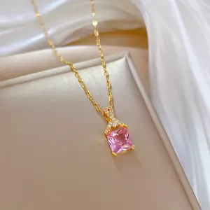 Classical Elegant Shiny Gold Plated Stainless Steel Chain Pink Square Crystal Rhinestone Pendant Necklace for Women Girls Gifts