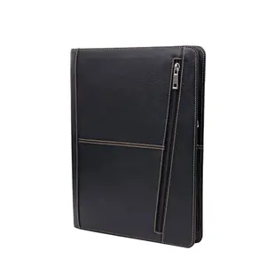 Zipper Folder cover black PU leather personal financi A4 portfolio with business document pad file folder