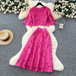 Women's Summer Short Flared Sleeve Shirt High Waist Half-body Skirt Premium Hollow <b>Crochet</b> Lace 2 Piece <b>Set</b> Fashion - Product Image 4