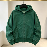 Stone-Washed Kapuzenjacke mit Reißverschluss, Einfarbig Bestickt, Locker Geschnittener Übergroßer Pullover, O-Ring-Reißverschluss, Unisex Vintage Outdoor Blanko Individualisierbar