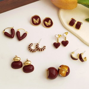 Guadagni all'ingrosso gioielli da donna orecchini a forma di cuore con geometria e cerchio in smalto rosso retrò Vintage orecchini da donna di fidanzamento - Product Image 1