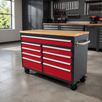 Armoire à outils roulante OEM de 46 pouces à 9 tiroirs, plan de travail en bois dur, roues robustes, résistante à la rouille, multiprise certifiée