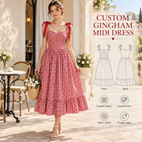 Robe midi pour femme en gros, tissée à carreaux, avec bretelles à nœud papillon, corsage corset, jupe froncée et ourlet à volants, coupe trapèze