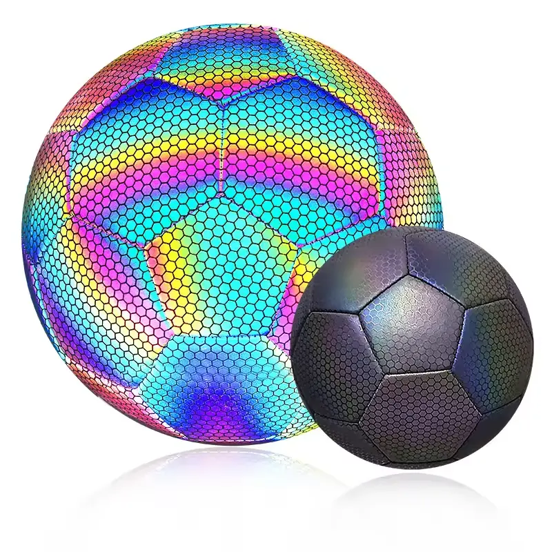 Balón de fútbol holográfico reflectante brillante de cuero PU duradero con logotipo personalizado, tamaño 5