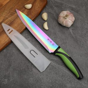 Ensemble de couteaux de <span class=keywords><strong>cuisine</strong></span> 5 <span class=keywords><strong>ernesto</strong></span> en acier inoxydable revêtu de titane lames arc-en-ciel Chef Santoku pain Steak sculpture poignée verte - Product Image 4
