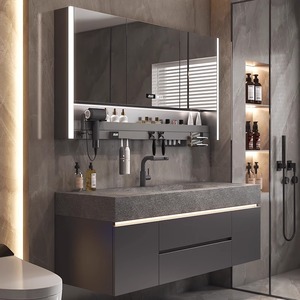 Gray slate floating bathroom vanity with integrated sink LED smart cosmetic <b>mirror</b> storage <b>wall</b> cabinet - Product Image 4