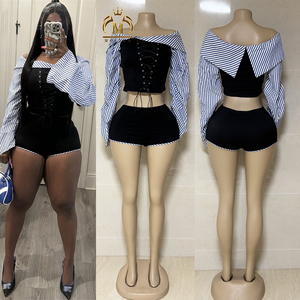 ملابس نسائية جديدة للربيع والخريف بلوزة بدون حمالة + شورت قصير مكون من قطعتين طقم مثير من قطعتين ملابس نسائية - Product Image 1