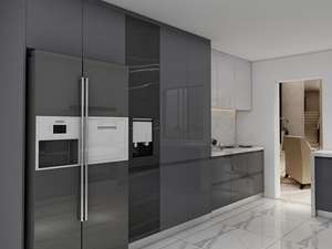 Armoires de cuisine laquées gris brillant, imperméables, y compris évier, dosseret, contreplaqué, marbre - Product Image 3