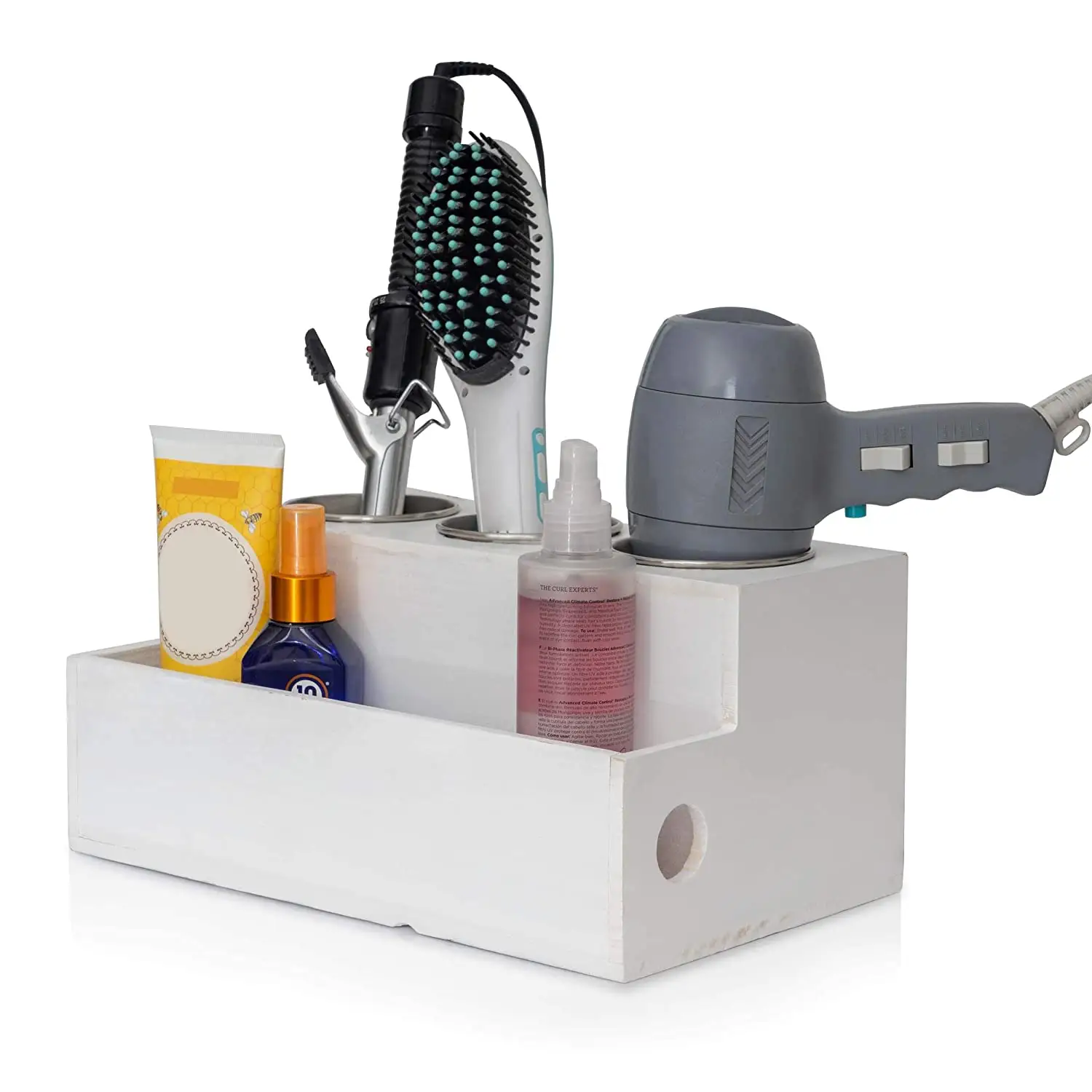 Wood Hair Dryer Holder and Hair Styling Tool Organizer with 3 Piece Vanity Storage Box Bathroom Countertop Organizer