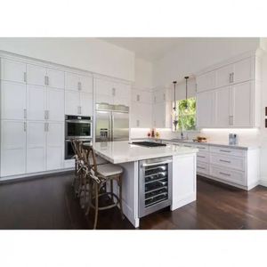 Fabricant conçu directement en bois massif peint en gris blanc Armoires de cuisine modernes avec îlot pour villa - Product Image 6