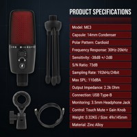 Microphone à condensateur USB professionnel ME3 192kHz/24bit, corps en alliage de zinc, micro gaming RGB avec gain matériel et fonction mute tactile