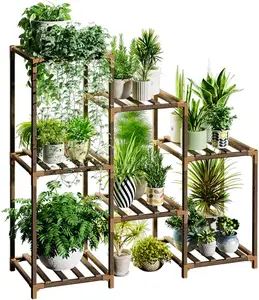 JUNJI Wood Plant Stands Tiered Shelf for Multiple Plants 3 Tiers 7 Potted Ladder Plant holder