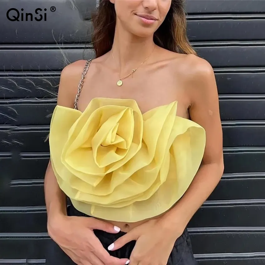QINSI 2022 Beach Summer Women Camis and Blouses Women Organza Corset Top Female Sexy Backless Tops Women Yellow Floral Tank Top