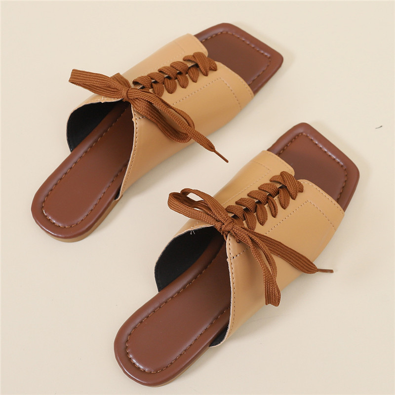 French Design Slippers Lady 2023 Summer Square Head Flat Casual Shoes Rubber PU Slippers
