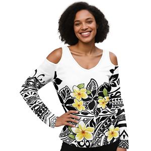 T-shirt <span class=keywords><strong>elegante</strong></span> stile polinesiano floreale con scollo a V a maniche lunghe a maniche corte stile autunnale Casual t-shirt stampata Casual - Product Image 1