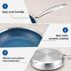 3 Poêles 20/24/28 cm en Acier Inoxydable 3 Couches Revêtement Céramique Alvéolé Bleu Compatible <span class=keywords><strong>Induction</strong></span> Four et Lave-vaisselle - Product Image 6