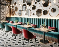 Ensemble de table et chaises de salle à manger carrées modernes de luxe léger avec banquette verte à dossier haut, en bois massif, mobilier de restaurant durable