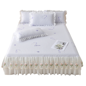 Summer Cooling Ice Silk Mattress <b>Pad</b> With <b>Bed</b> Skirt Embroidered Floral Design Breathable Soft Mat Single Piece Set Machine - Product Image 2
