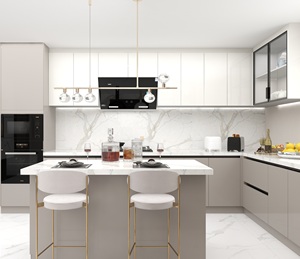 Juego de armario de cocina modular moderno de lujo, mesa de piedra de cuarzo de madera maciza personalizada, muebles de comedor de isla para Villa - Product Image 1