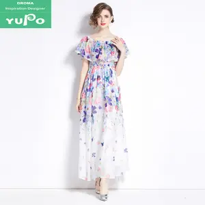 Droma hot sale new collection dresses printed butterfly elegant one shoulder short sleeve female maxi dress slimming