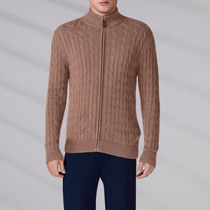 Custom Knitted Jacket Polo Knitwear Classic Men's Winter Long Sleeve Cable Full Zip Cotton Sweater Cardigan - Product Image 6