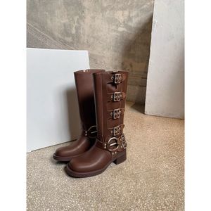 Nouvelle Botte de Moto Imperméable Vintage Western Cowboy à Bout Rond et au-dessus du Genou en PU Marron Uni Tendance 2026 - Product Image 6