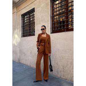 Ensemble veste bustier et pantalon marron pour femme, costume à manches 4 boutons, style élégant - Product Image 5