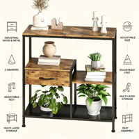 Table console industrielle à 3 niveaux avec tiroir en tissu, table d'entrée étroite, table d'appoint de canapé, structure métallique, étagère en bois grainé pour couloir