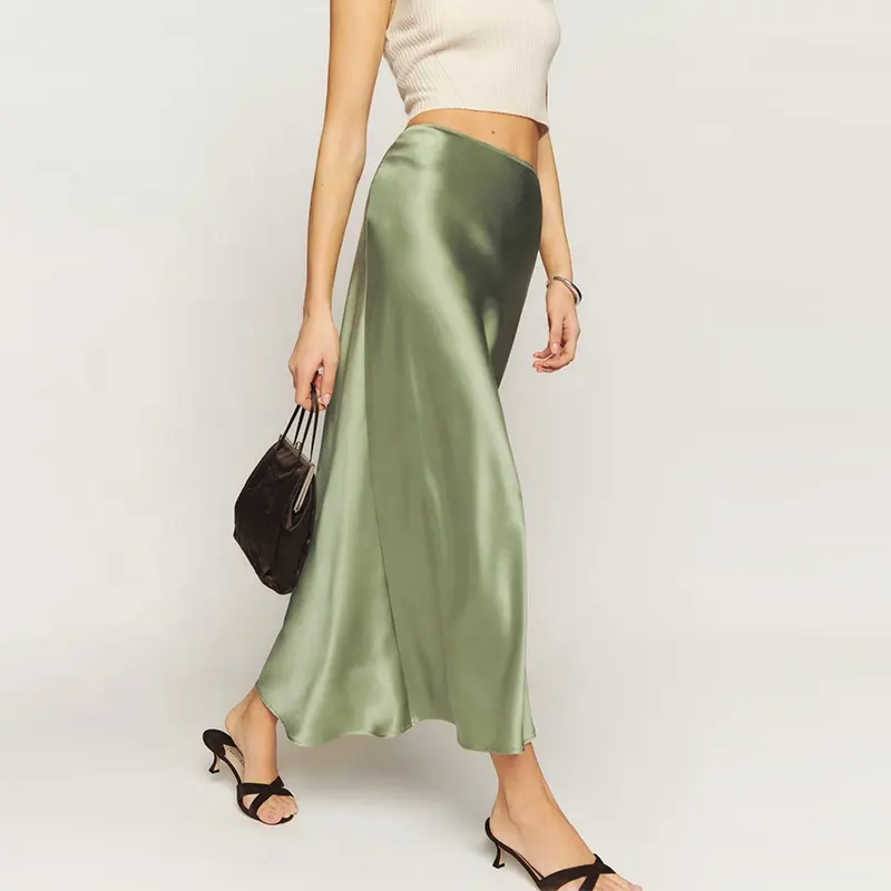 BAOLA Mini skirt Summer Midi Maxi Long Pencil Wrap High Waist Silk Skirts Women Sexy Sage Green Satin Silk Skirt For Women