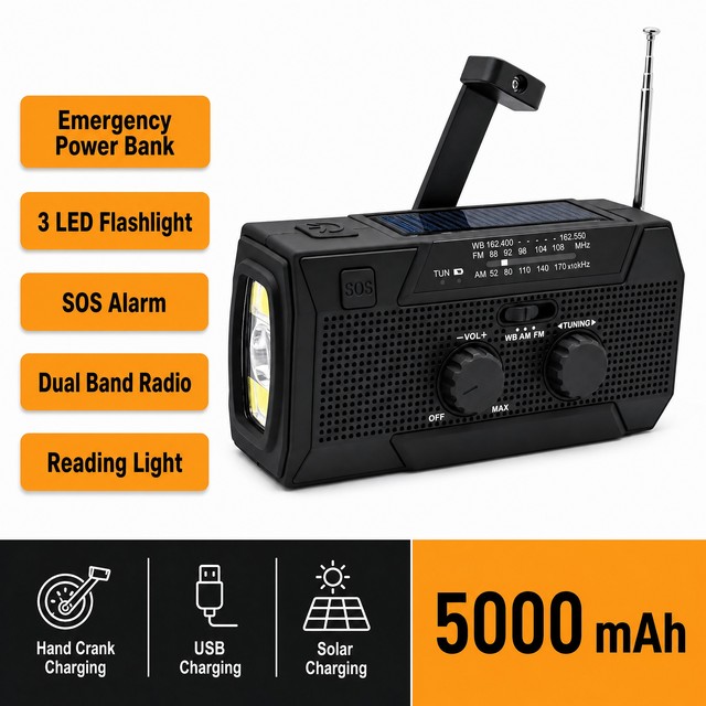4 Ways Powered Supply Solar Hand Crank 5000mAh Battery NOAA Weather Alert SOS Alarm Siren Flashlight USB Port Emergency Radio