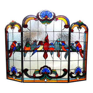 Cathedral Stained Glass Fireplace <b>Screen</b> 3 Panels 10 Sets Bird Design Traditional Decor Rectangle Shape Artistic Decoration - Product Image 5