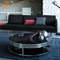 Table basse ronde à double niveau avec rangement, plateau en verre trempé noir et structure circulaire en acier inoxydable, style contemporain