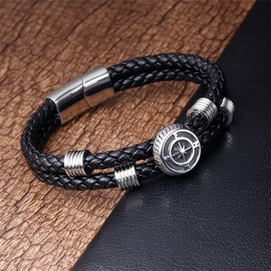 Bracelets en cuir tressé multicouche personnalisés pour hommes, avec boussole en acier inoxydable – Vente en gros - Product Image 5