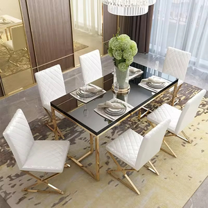 Chaise de salon/hôtel moderne haut de gamme en acier inoxydable doré avec coussin de siège en cuir PU noir et dossier - Product Image 3