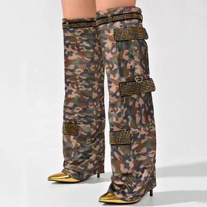 Bottes hautes pour femmes avec diamants, motif camouflage, talons fins, coupe large, bottines longues, chaussures d'hiver à talons aiguilles tendance - Product Image 2