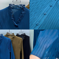 Chemisier plissé de luxe minimaliste vert sarcelle pour femme, col en V, volants, peplum, manches longues, chemise plissée, tenue de bureau, vente en gros, boutique personnalisée