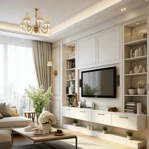 Meuble TV encastré moderne de luxe sur mesure, design en bois massif blanc avec étagères ouvertes et quincaillerie en laiton pour la maison - Product Image 4