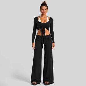 Custom Logo Women 3 Piece Yoga Tie-Front Wrap <b>Top</b> <b>Long</b> <b>Sleeve</b> Jacket Halter Bra High Waist Wide Leg Flare Pants Set - Product Image 4