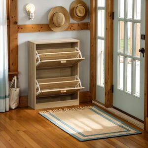 Boho nordique en bois rotin portes mince étroit mince étagère à chaussures haute capacité 12 paires pin ton mélamine couloir armoire à chaussures - Product Image 3