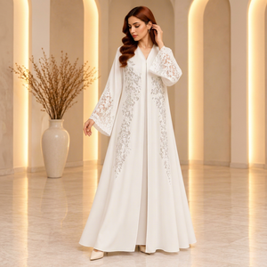 ALRESHA Women's White Lace Dantel Breathable Maxi <b>Abaya</b> High Neck Long Sleeve Loose Fit Modest Islamic <b>Prayer</b> UAE Wholesale - Product Image 1