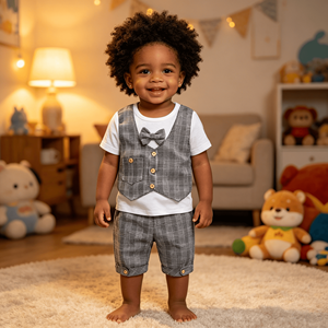 T-shirt <span class=keywords><strong>blanc</strong></span> à col rond et manches courtes pour bébé, gilet à col en V à carreaux gris à simple boutonnage avec nœud papillon, short décontracté à revers, costume formel de gentleman - Product Image 5