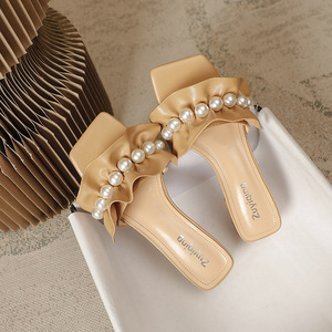 Summer new style <b>sandals</b> for women with one-piece buckle straps, high heels, <b>bow</b> and pearl accents - Product Image 4