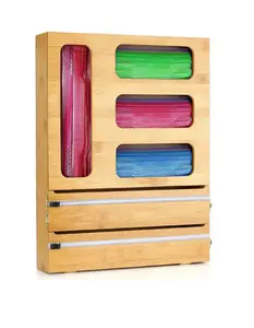 Bamboo 6 in 1Ziplock Bag Organizer Box and Dispenser for Kitchen Drawer Food Organizer Bag Holder Bamboo Bag Organizer