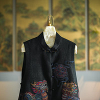 Gilet original de style chinois pour femme avec lion et boule brodée, en fil de soie Xiangyun, noir, facile à assortir 5573